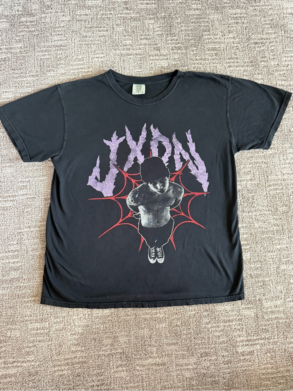 Comfort Colors Black Short Sleeve Tee with Purple Logo and Red Web Graphic